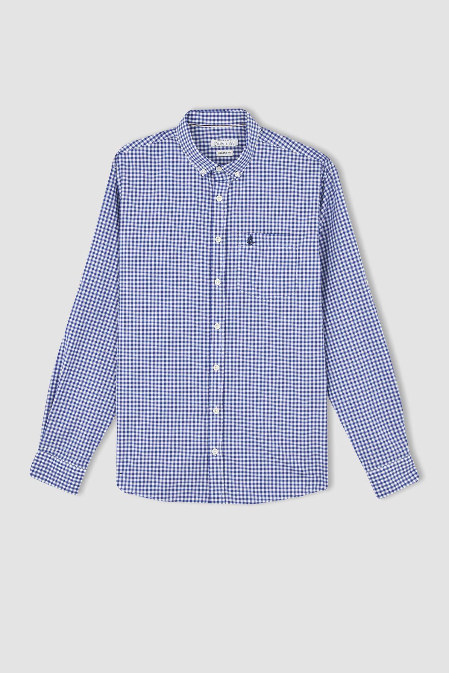 Modern Fit Kare Desenli Uzun Kollu Gömlek