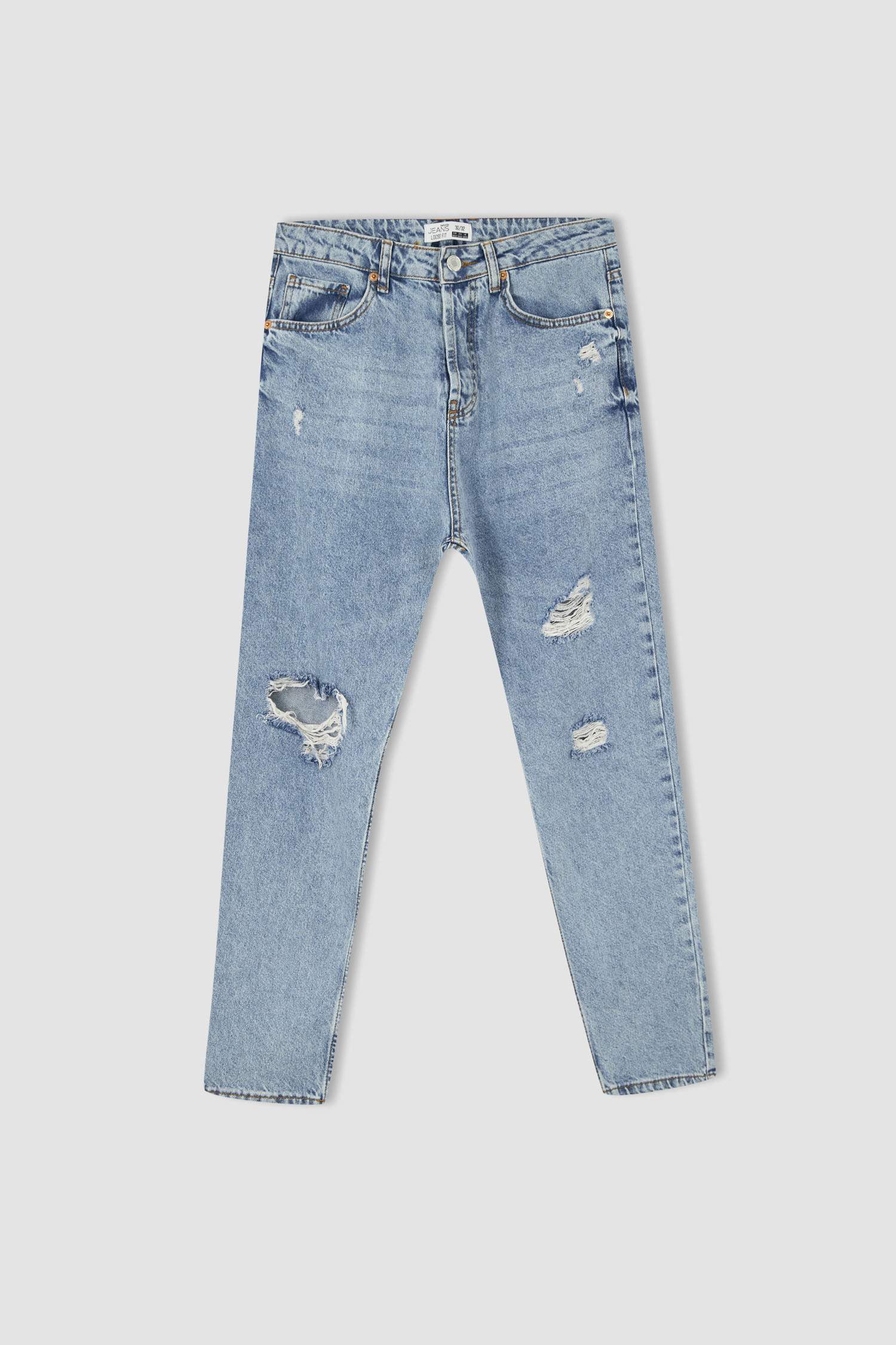 Loose Fit Normal Bel Kısa Paça Yırtık Detaylı Jean Pantolon
