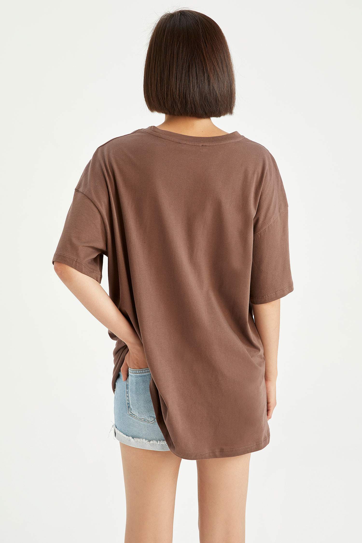 Oversize Fit Bisiklet Yaka Baskılı Kısa Kollu Tişört