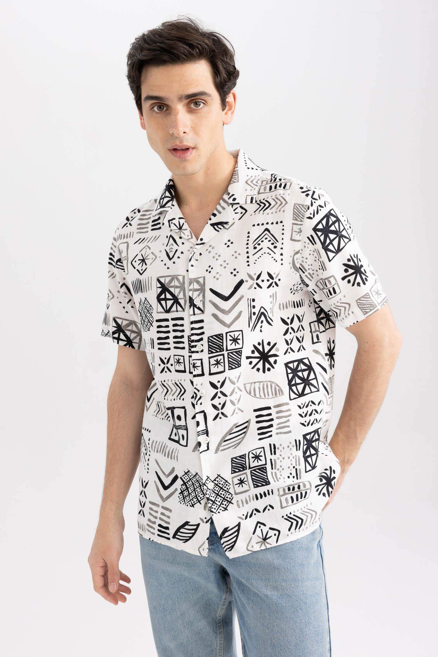 Ecru Man Regular Fit Printed Cotton Short Sleeve Shirt Defacto