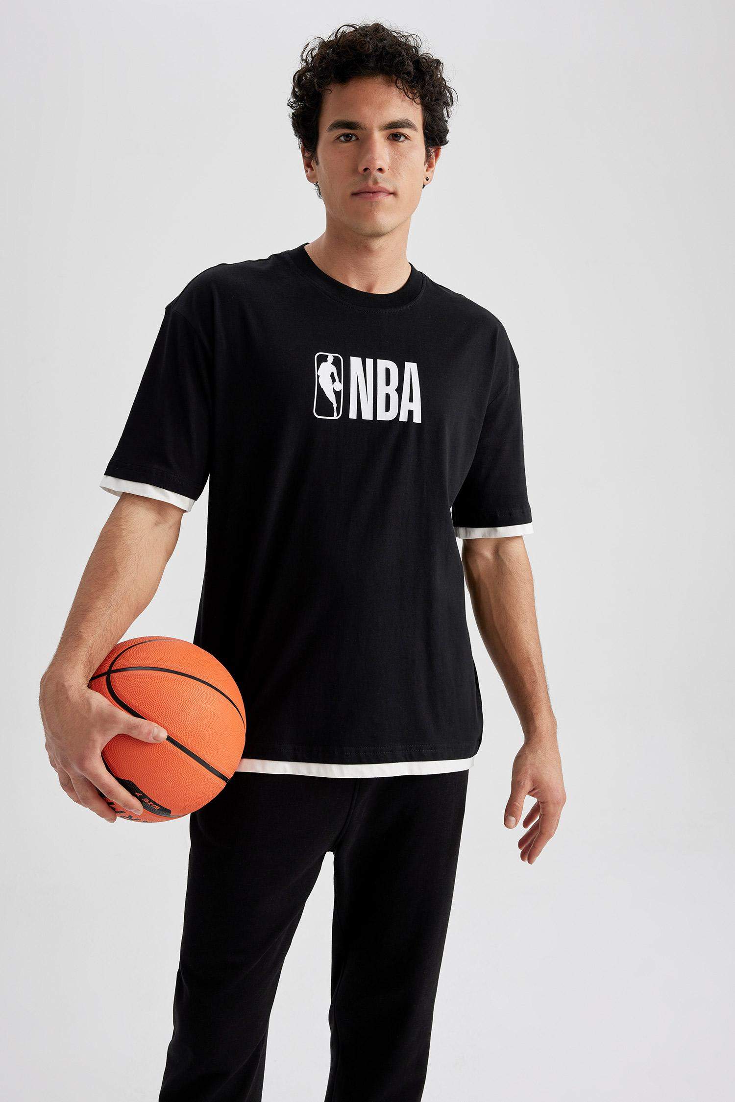 Siyah Erkek DeFactoFit NBA Oversize Fit Bisiklet Yaka 100 Pamuk Tişört