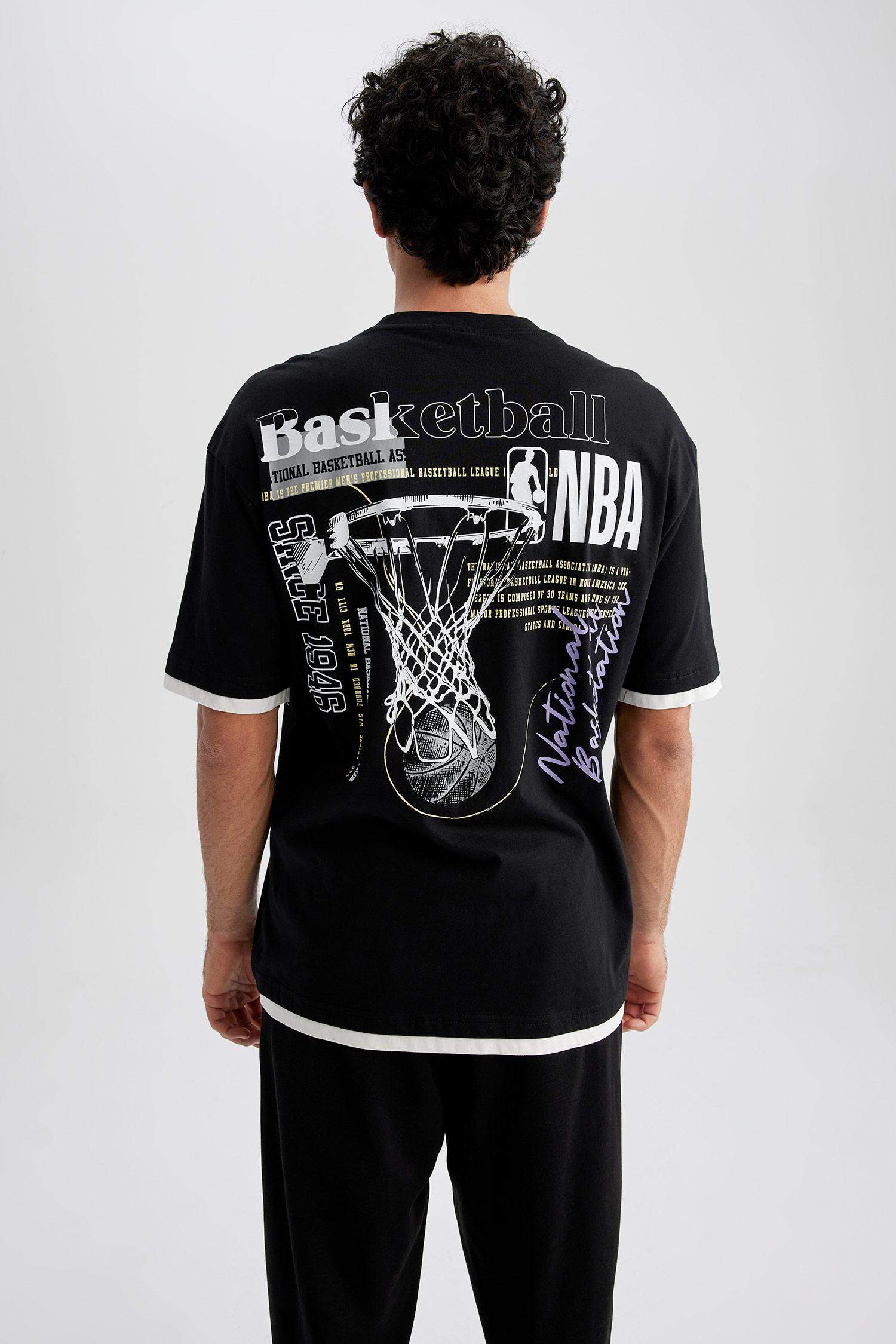 Siyah Erkek Defactofit Nba Oversize Fit Bisiklet Yaka Pamuk Ti Rt