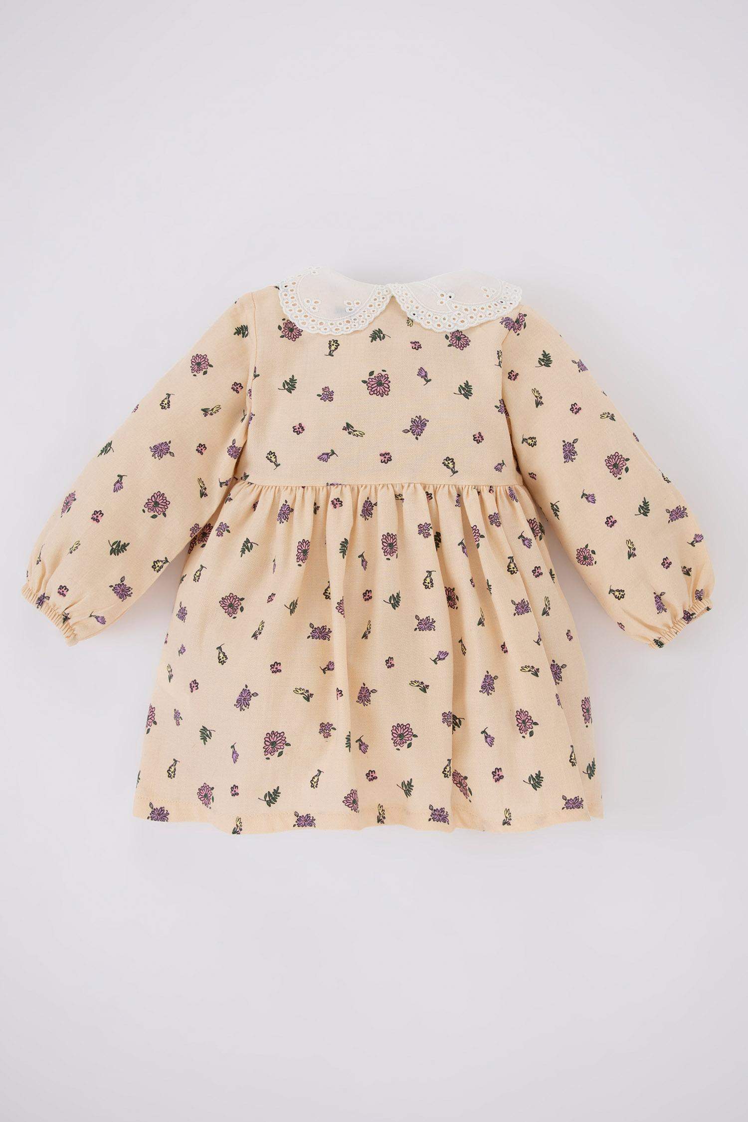 Beige Baby Girl Baby Girl Floral Long Sleeve Twill Dress Defacto