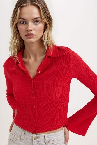 Coool Fitted Basic Düz Bürümcük Uzun Kollu Crop Gömlek