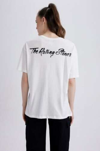 White WOMAN Rolling Stones Back Printed Oversize Fit Crew Neck