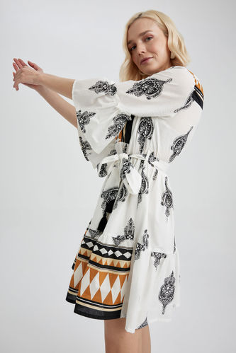 V-Neck Ethnic Patterned Voile Mini Short Sleeve Dress