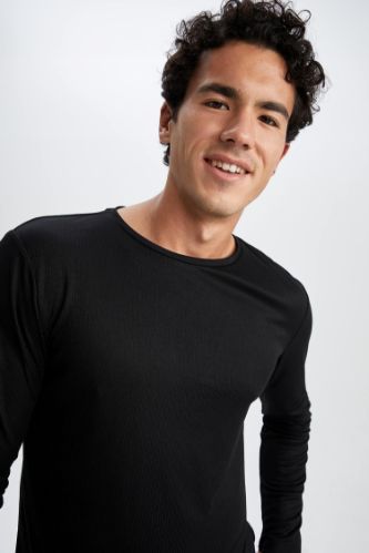 DeFactoFit Slim Fit Bisiklet Yaka Uzun Kollu Sporcu Ağır Kumaş Tişört