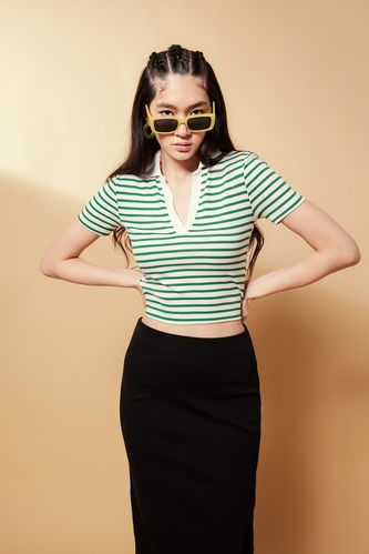 Fitted Polo Neck Striped Short Sleeve T-Shirt