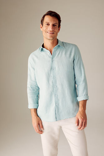 Modern Fit Italian Neck linen Long Sleeve Shirt
