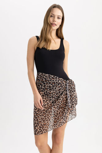 Fall in Love Regular Fit Leopard Patterned Chiffon Pareo with Waist Tie