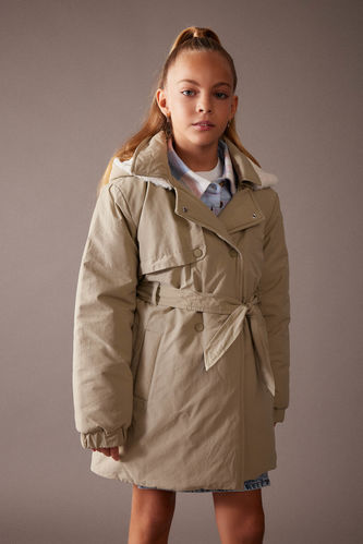 Girl Water Proof Faux Fur Lined Hooded Belted Raincoat