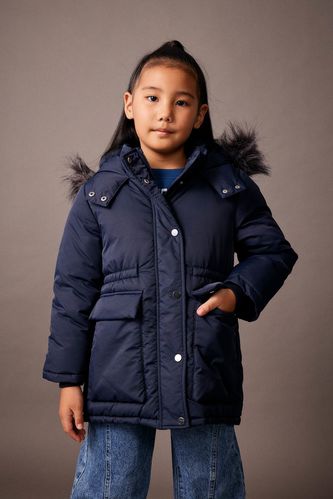 Girl Waterproof Hooded Removable Faux Fur Lined Puffer Jacket