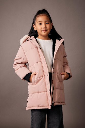 Girl Removable Faux Fur Collar Hooded Long Puffer Jacket