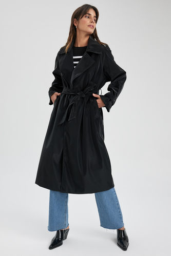 Regular Fit Faux Leather Trench Coat