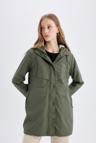 Khaki WOMAN Waterproof Regular Fit Hooded Faux Fur Lined Raincoat 2779749 DeFacto