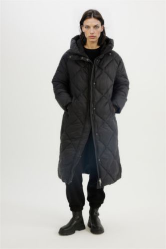 Su İtici Kapüşonlu Uzun Mont Parka Kapitoneli Fermuar Çıtçıt Kapamalı Cepli