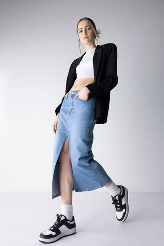 Long Fit Slit Midi Jean Skirt