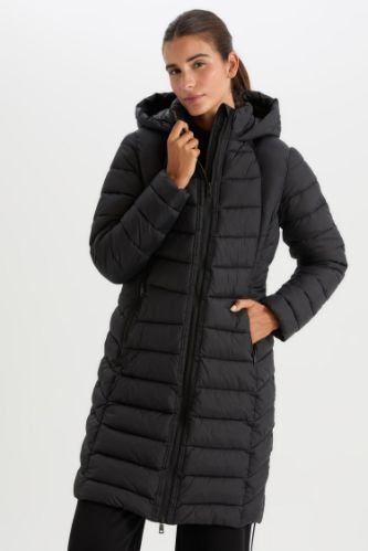 Black Woman DeFactoFit Slim Fit Hooded Long Puffer Jacket 2795319 DeFacto