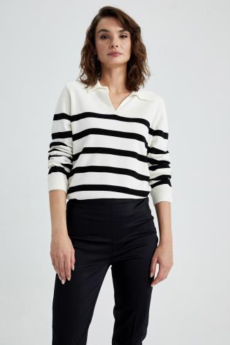 Regular Fit Polo Neck Striped Knitwear Sweater