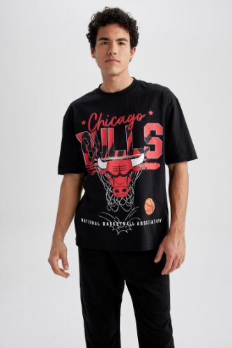 Black MAN Defacto Fit NBA Chicago Bulls Licensed Regular Fit Crew Neck T- Shirt 2491907