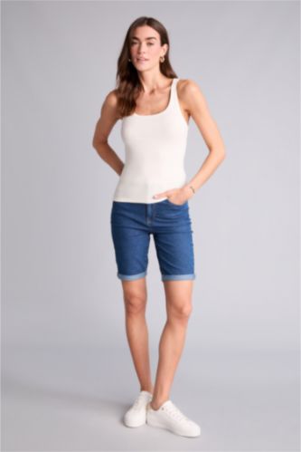 Kadın Mavi Normal Katlamalı Bermuda