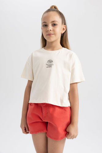 Kız Çocuk Crop Baskılı Kısa Kollu Tişört