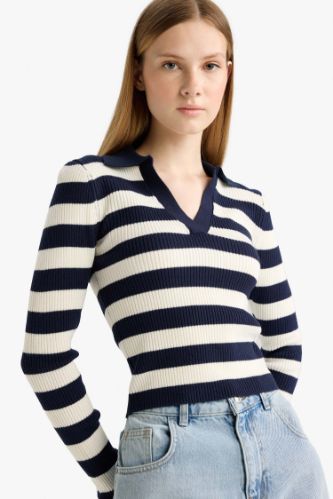 Coool Slim Fit Dar Kesim Polo Yaka Çizgili Kazak