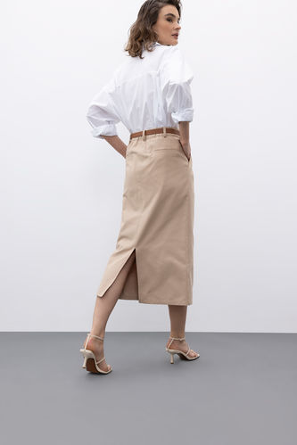 Regular Waist Belted Gabardine Slit Midi Skirt