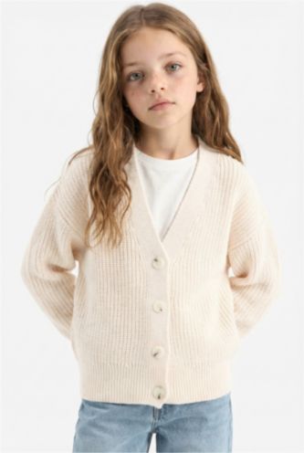 Kız Çocuk Triko Basic Düz Düğmeli Ekru V Yaka Hırka