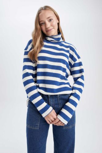 Oversize Fit Balıkçı Yaka Çizgili Sweatshirt