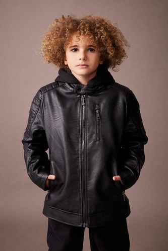 Boy Waterproof Plush Lining Faux Leather Jacket