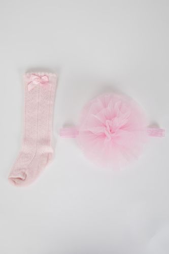 Kız Bebek Kısa Çorap Saç Bandı Pembe 2'li Takım