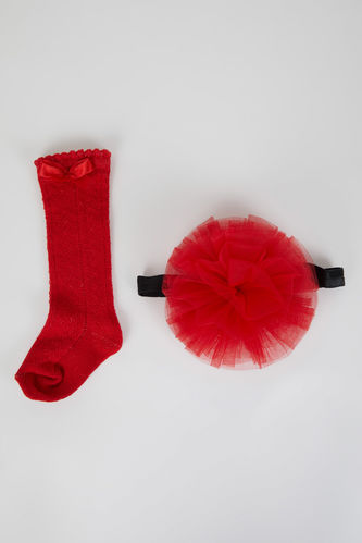 Kız Bebek Kısa Çorap Saç Bandı Kırmızı 2'li Takım