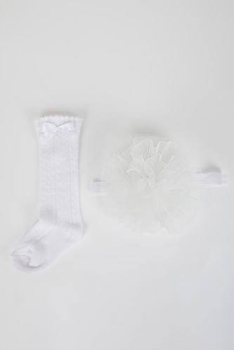 Kız Bebek Kısa Çorap Saç Bandı Beyaz 2'li Takım