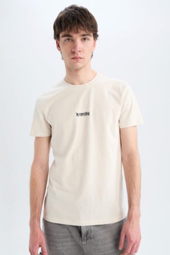 Slim Fit Dar Kesim Bisiklet Yaka Baskılı Kısa Kollu %100 Pamuk Tişört