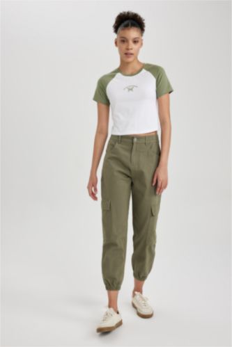 Woman Khaki Cargo Jogger Gabardine Trousers