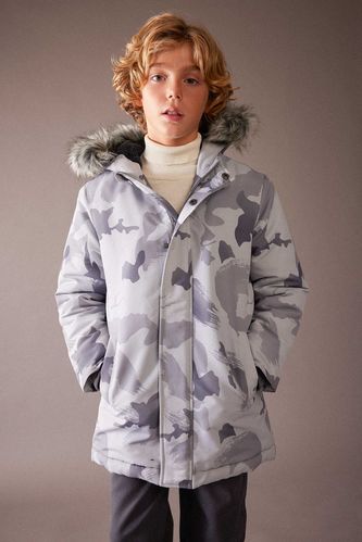 Boy Waterproof Camouflage Patterned Hooded Removable Fur Plush Lining Jacket