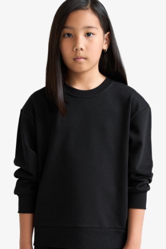 Kız Çocuk Relax Fit Bisiklet Yaka Basic Düz Sweatshirt