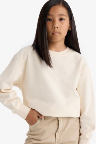 Kız Çocuk Relax Fit Bisiklet Yaka Basic Düz Sweatshirt