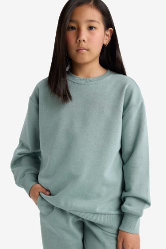 Kız Çocuk Relax Fit Bisiklet Yaka Basic Düz Sweatshirt