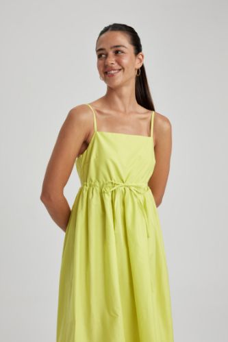 Green WOMAN Square Neck Poplin Sleeveless Midi Short Sleeve Dress