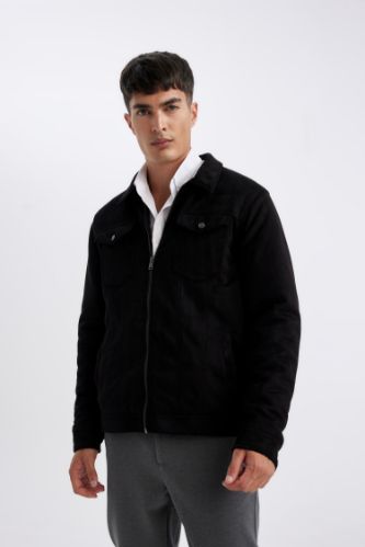 Slim Fit Dar Kesim Gömlek Yaka Fermuarlı Süet Ceket Mont