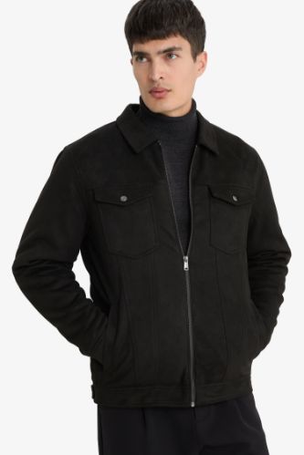 Slim Fit Dar Kesim Gömlek Yaka Fermuarlı Süet Mont