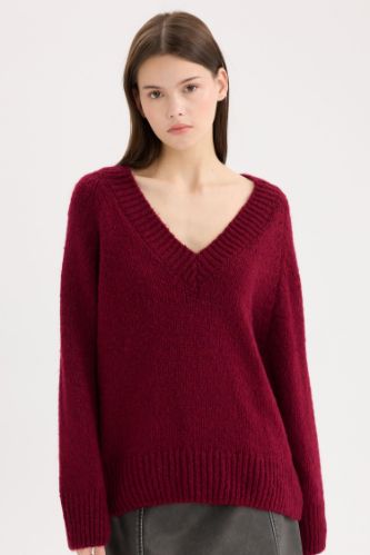 Oversize Geniş Kalıp V Yaka Basic Düz Bordo Triko Kazak
