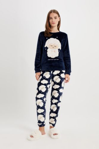 Fall in Love Pijama Takım Welsoft Pelüş Bisiklet Yaka Baskılı Uzun Kollu Üst Desenli Beli Lastikli Alt