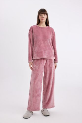 Fall in Love Pijama Takım Welsoft Pelüş Basic Düz Uzun Kollu Üst Geniş Bol Paça Beli Lastikli Alt