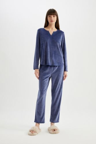 Fall in Love Pijama Takım V Yaka Velur Uzun Kollu Üst Beli Lastikli Alt