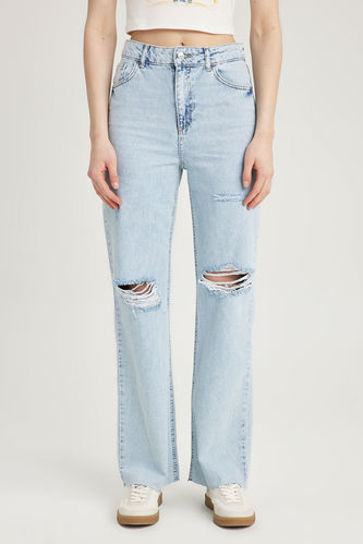 90's Wide Leg Yırtık Detaylı Kesik Uçlu Paça Jean Uzun %100 Pamuk Pantolon