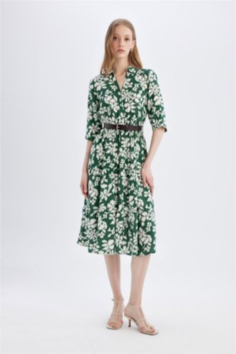 Shirt Collar Half Sleeve Floral Midi Dress