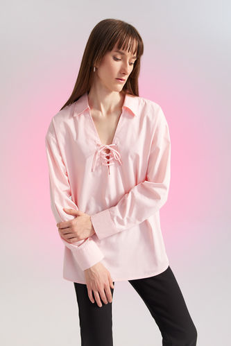 Oversize Fit Yakası Bağcık Detaylı Uzun Kollu Gömlek %100 Pamuk Bluz